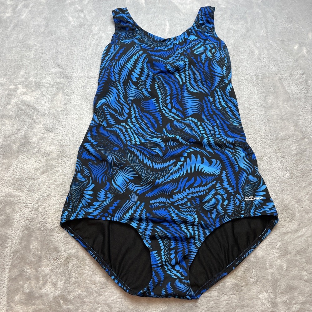 Dolfin Womens Aquashape One Piece Swimsuit Size 40/14 Blue Abstract Racerback